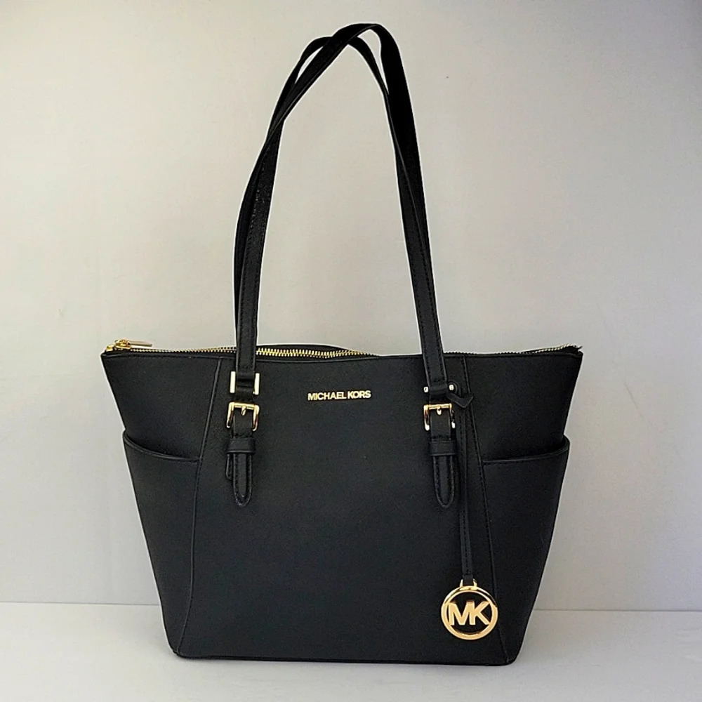 Michael Kors Charlotte Saffriano Black Leather Tote